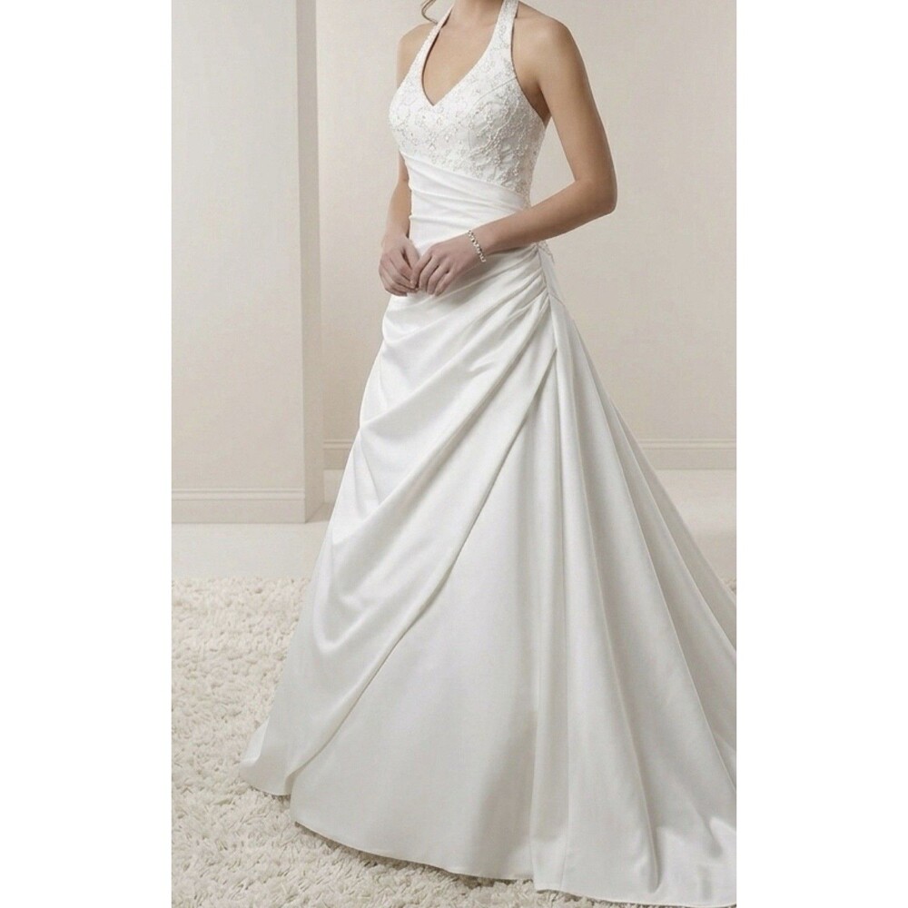 Da Vinci Ivory Satin Ball Gown Wedding Dress Size 18 Embroidery Beaded Pleated